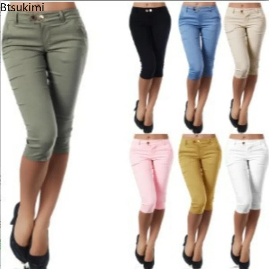 Mid Waist Button All Match Pocket Skinny Trousers Slim-fitting Stretchy Pencil Pants