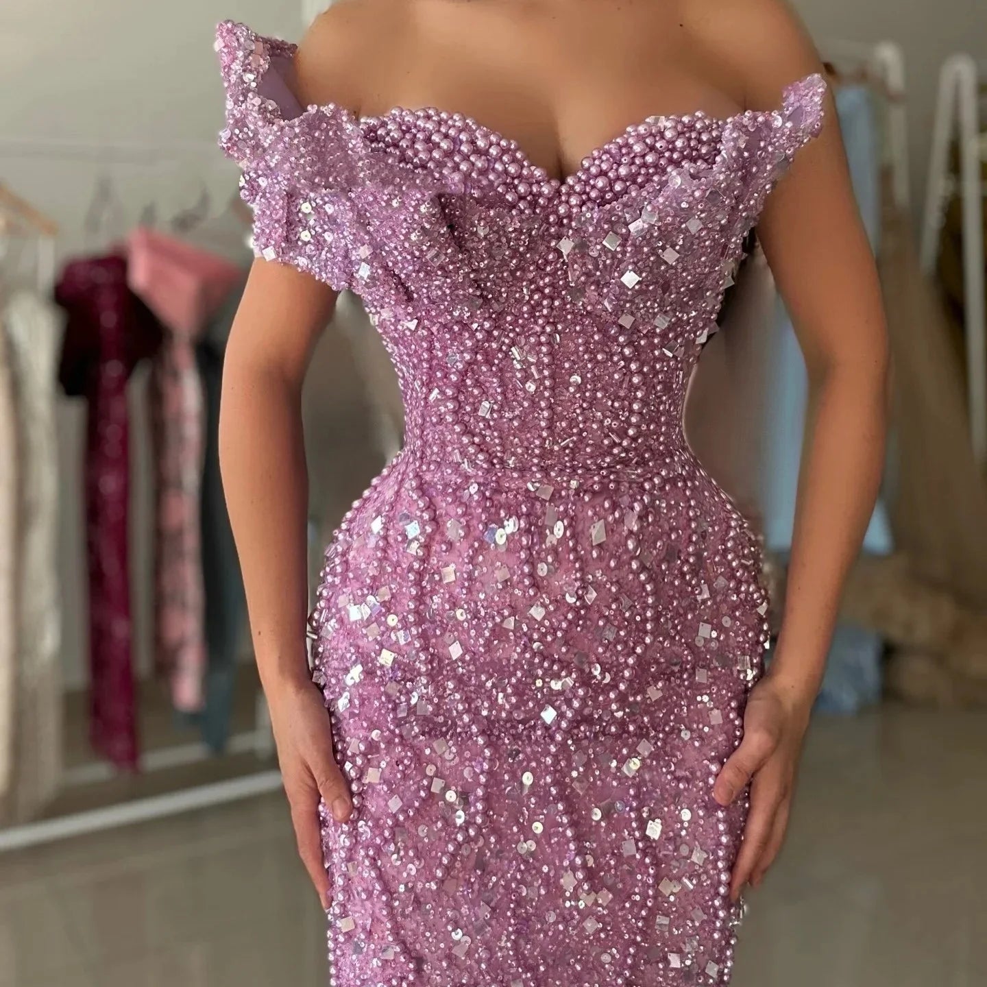 Sweetheart Neck One Shoulder Gown Beaded Sequins Floor Length Dress Party Customized