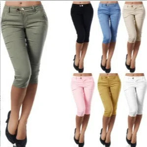 Mid Waist Button All Match Pocket Skinny Trousers Slim-fitting Stretchy Pencil Pants