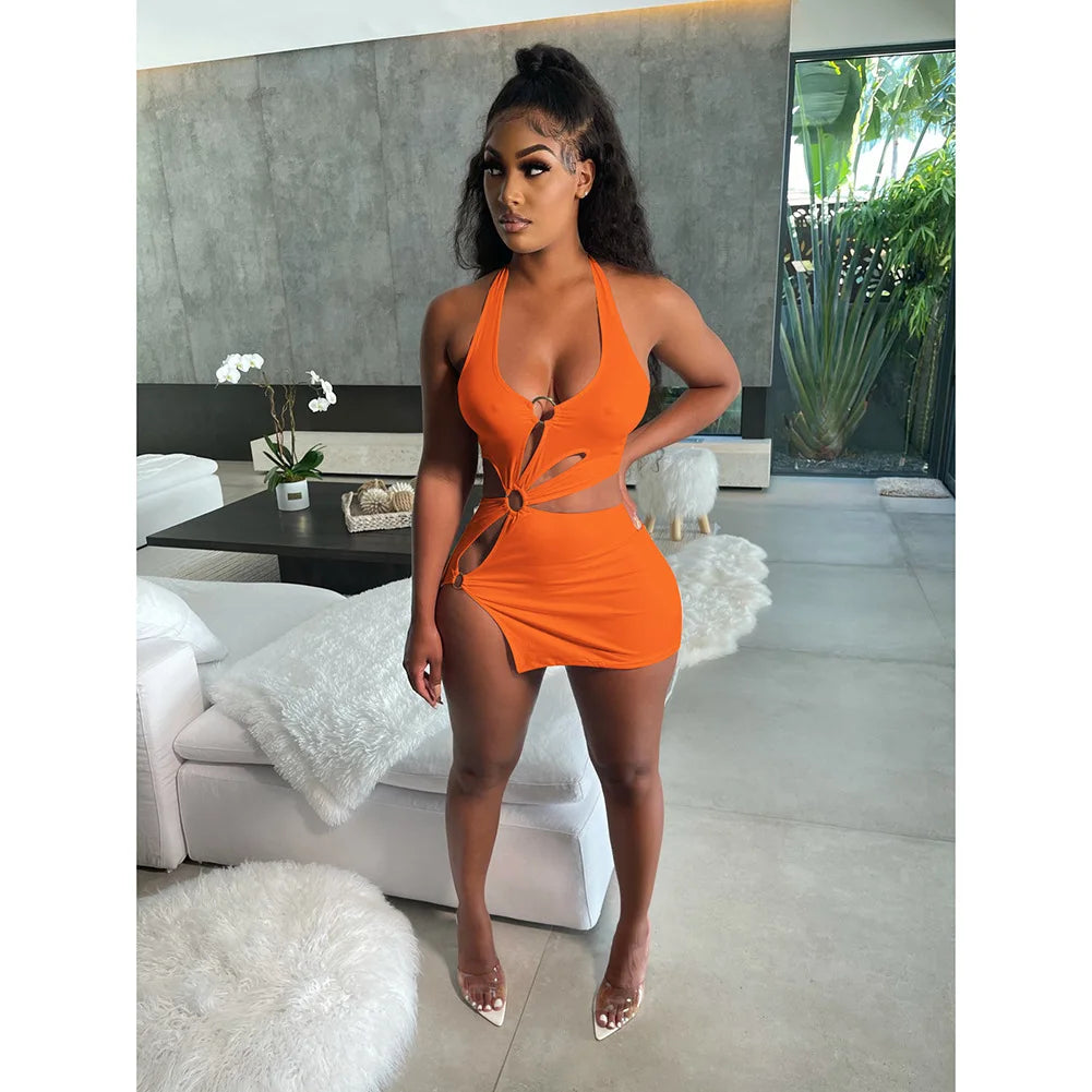 Silk solid color short skirt sexy sleeveless hollow out dress