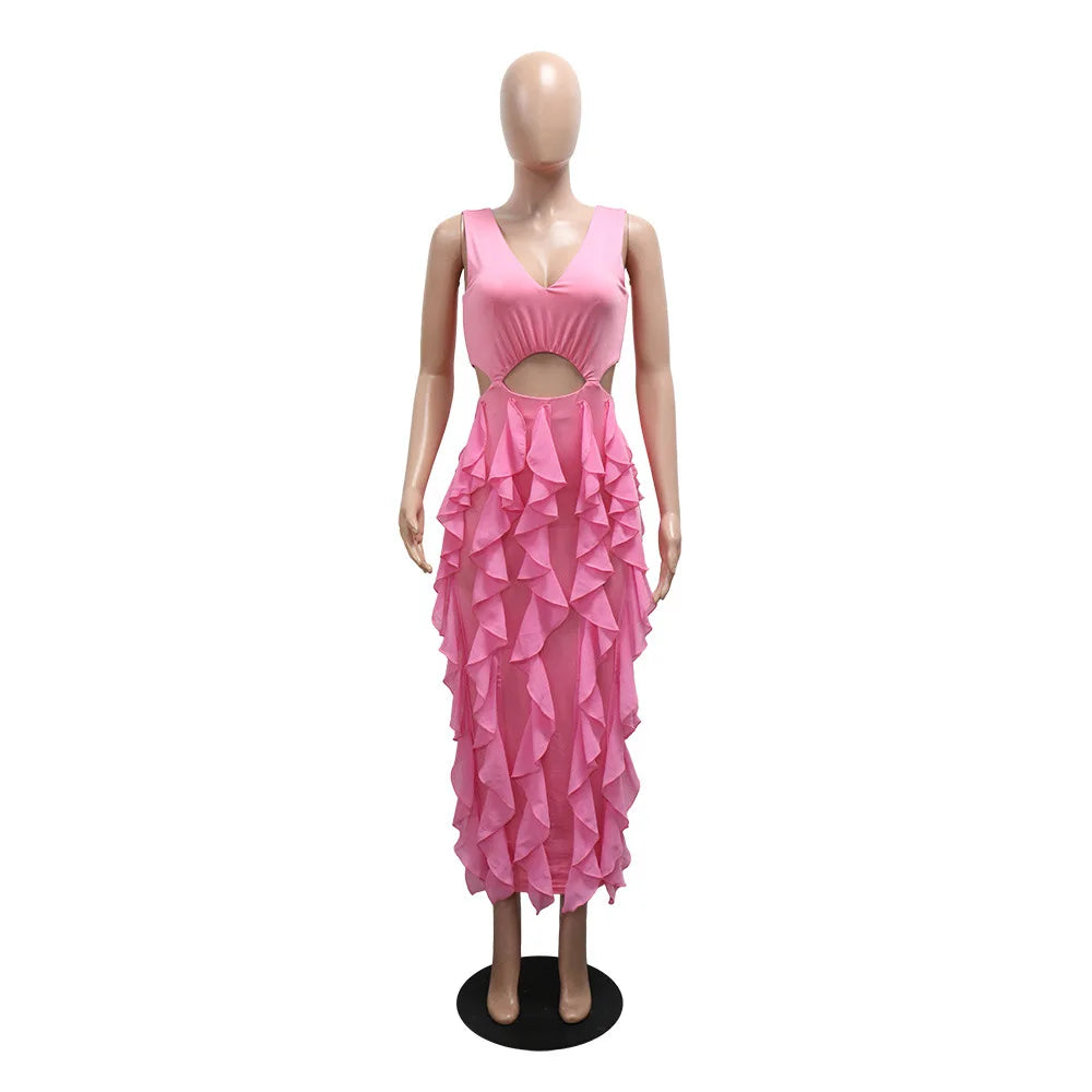 Summer New Sexy Hollow Out Bodycon Long Dress Women Deep V-neck Tassel