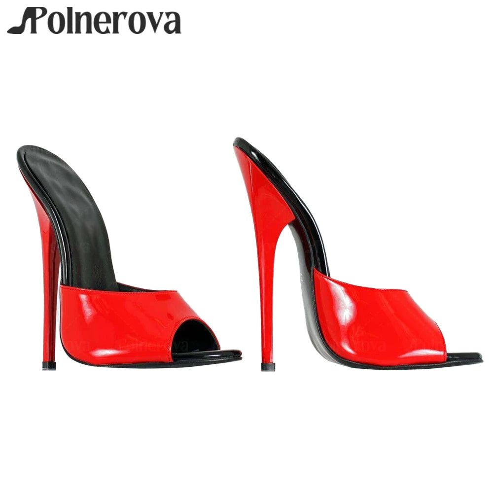 16cm Black Red Patent Leather Mules Sexy Slippers Lacquered Empire High Heel Summer Stilettos for Women