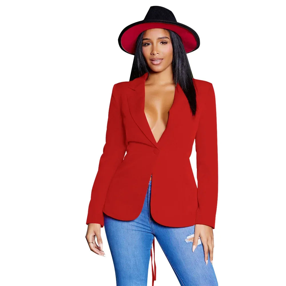 Women Suit Coat Single Button Lapel Deep V Neck Blazer Solid Color Formal Business