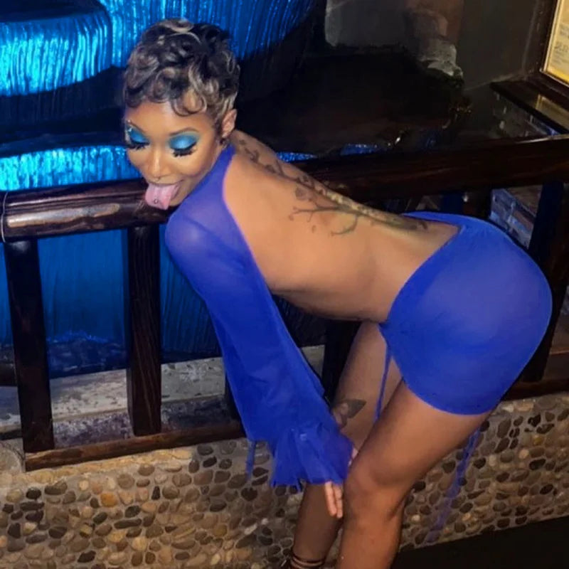 Sexy Mesh Deep V Elastic Dress Halter Elegant Chic Vintage Mini