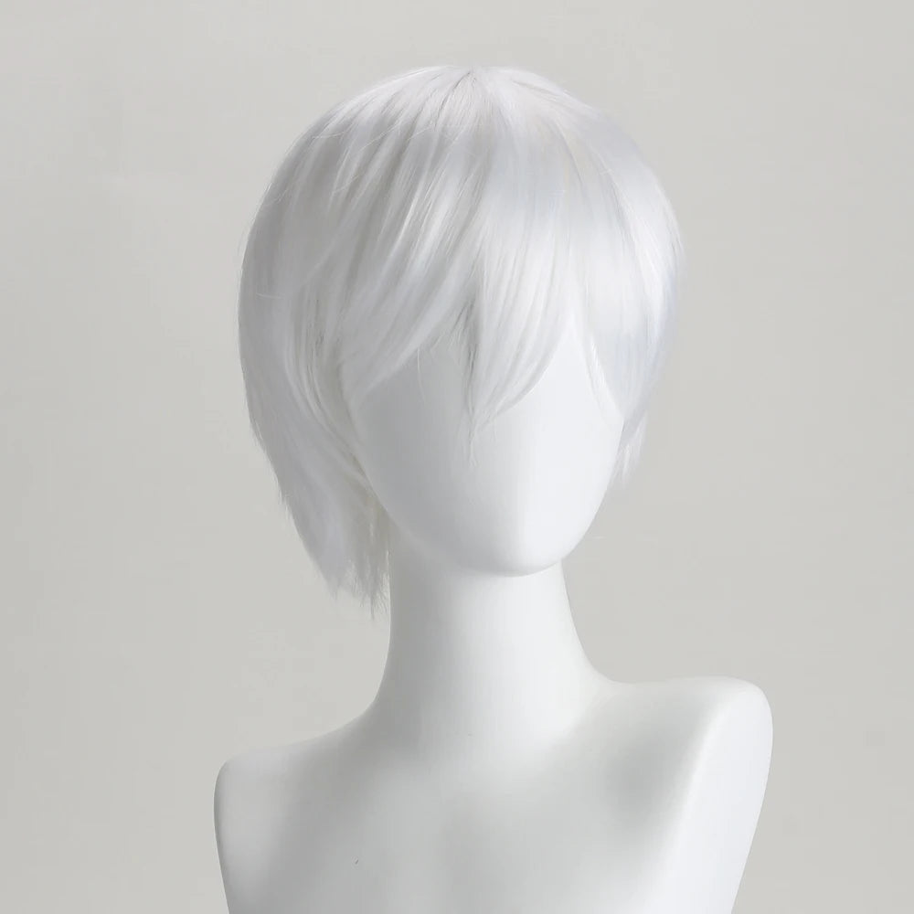 10 Inch Synthetic Wigs Pure White Short Curly Wig Anime Hatter for Cosplay Halloween Costume Party