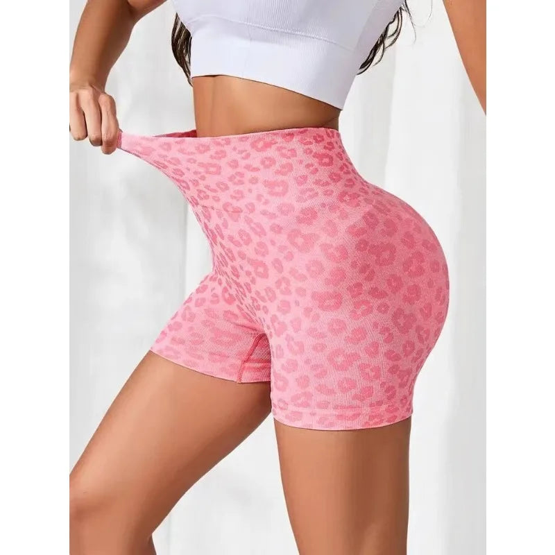 Leopard Print Pleated High Waisted and Hip Lifting Yoga Shorts for Women