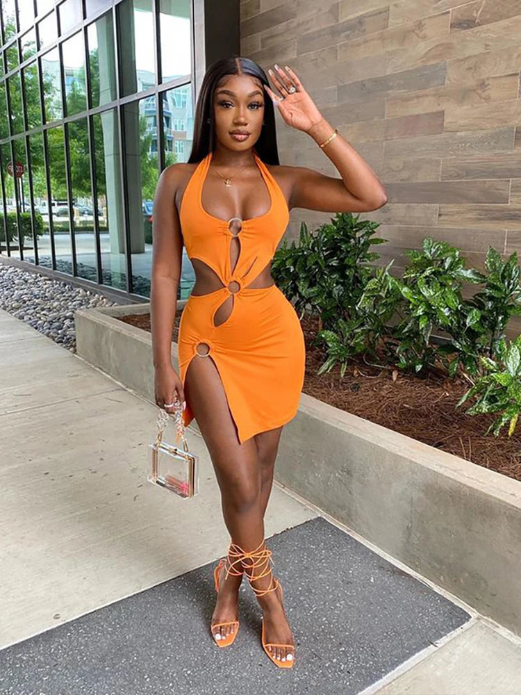 Silk solid color short skirt sexy sleeveless hollow out dress