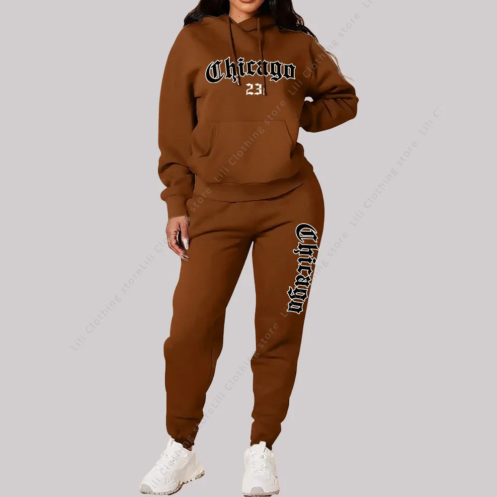 Women's Sets Hoodies Pants 2 Piece Outfits Aesthetic Sportswear Sweatsuit Chicago Graphic Letter Print Plus Size Pink Tracksuit