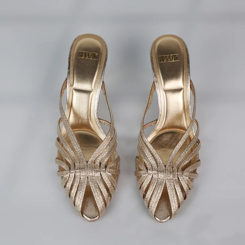 Gold Hollow Thin Strip Heels for Women Luxury Pointed Toe