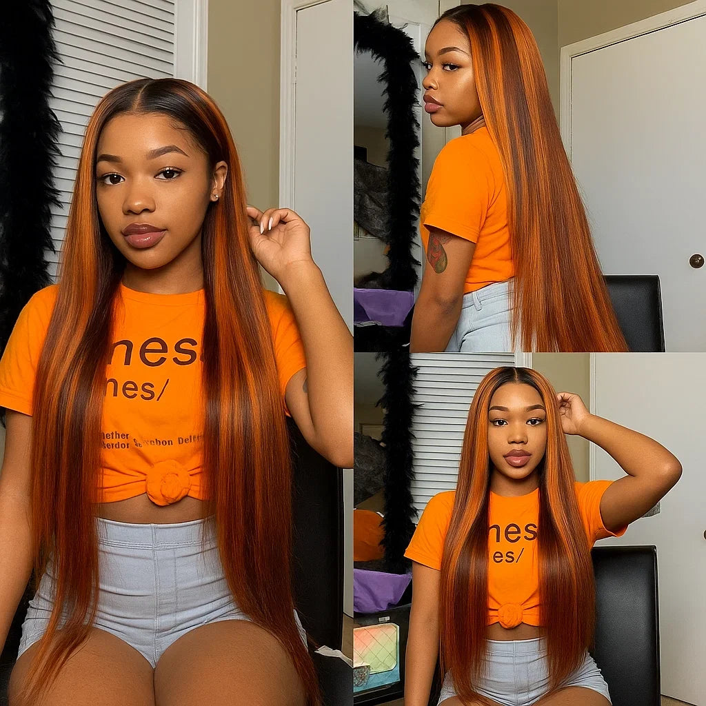 #4/350  Color Brown Mix Ginger Highlight Lace Closure Wig 5x5 Bone Straight Wear Go Glueless Wigs Human Hair Brazilain