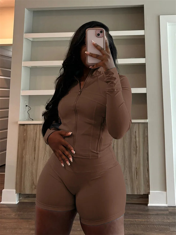 Bodycon Zipper Crop Top Women Tracksuits Sets+Trousers Women Black Gray 2 Two Pieces Matching Leggings Shorts Suits