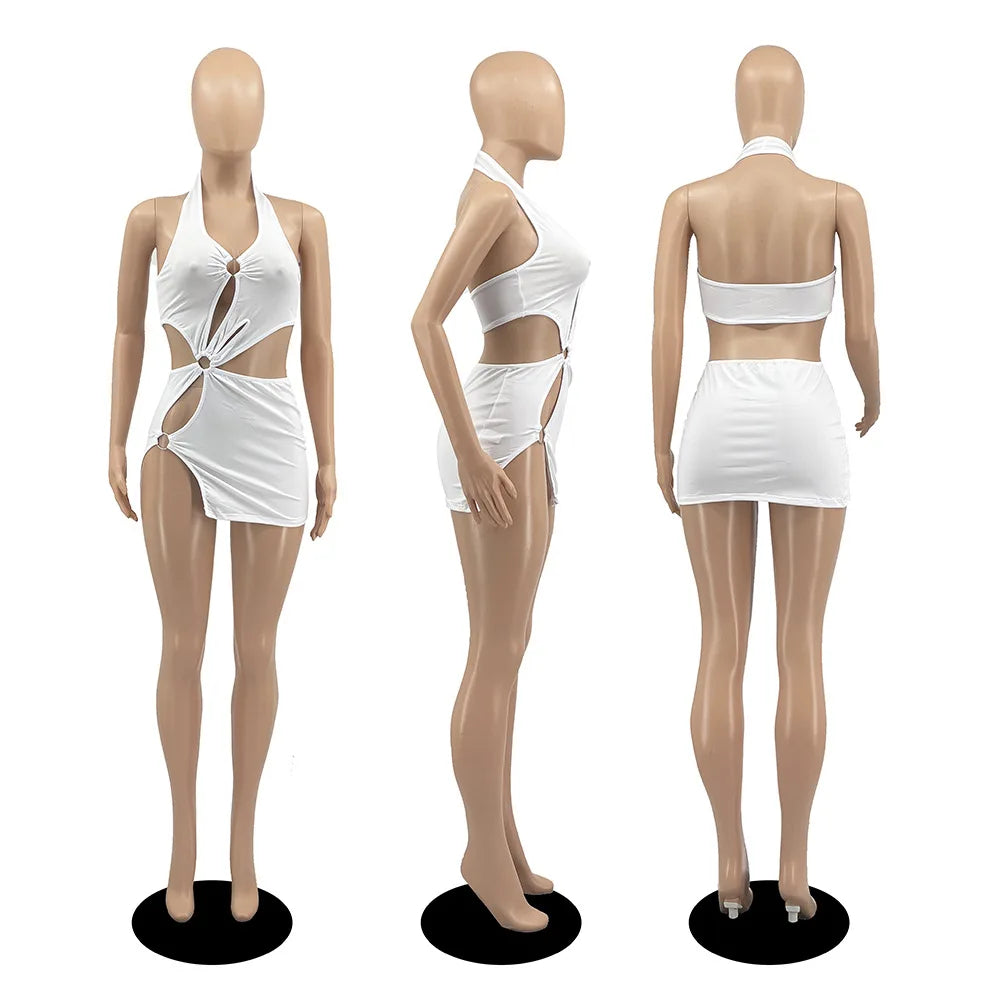 Silk solid color short skirt sexy sleeveless hollow out dress