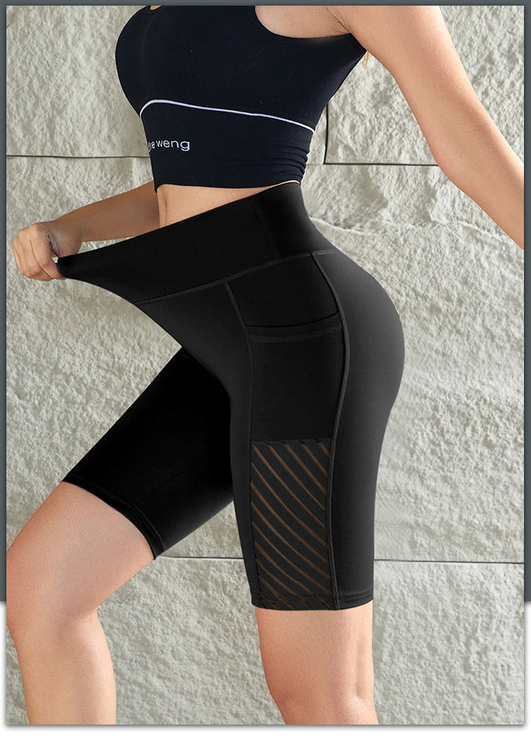 Women Mesh Shorts with Pocket Seamless Slim Leggings Gym Workout Sports Shorts