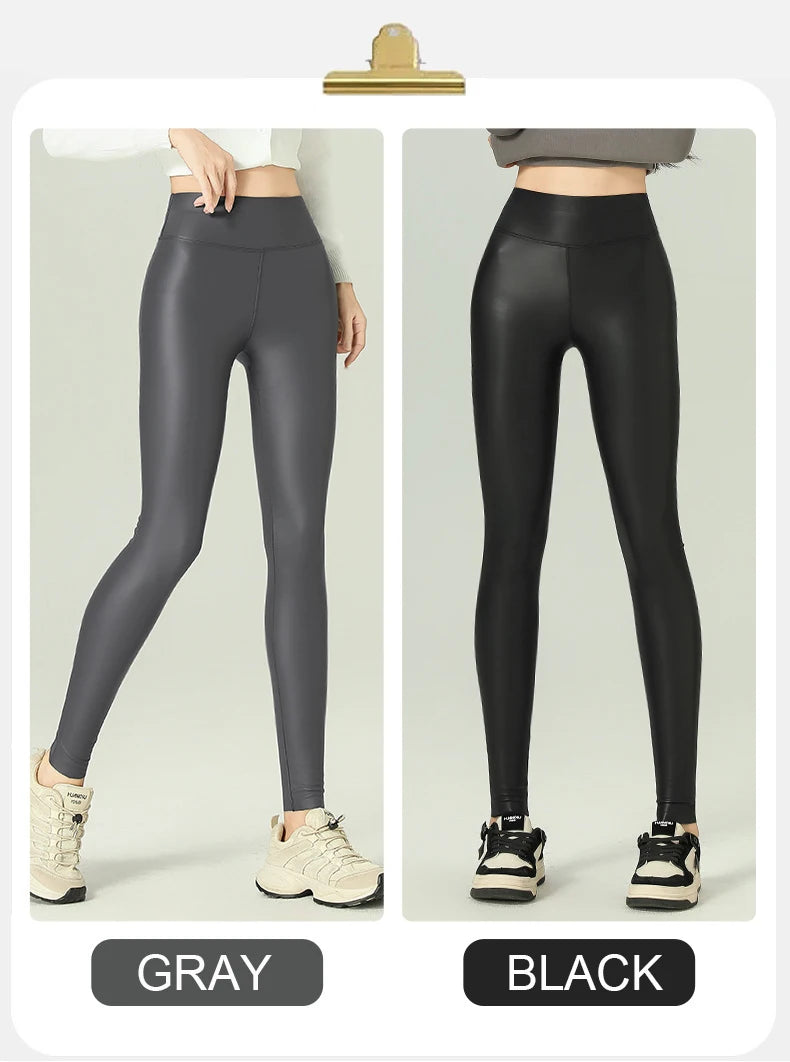 BIVIGAOS 2025 Fall Winter Baby PU Leather Leggings High Waist Elastic Slim Tight Sexy Leather Pants Thin Fleece Warm leggings