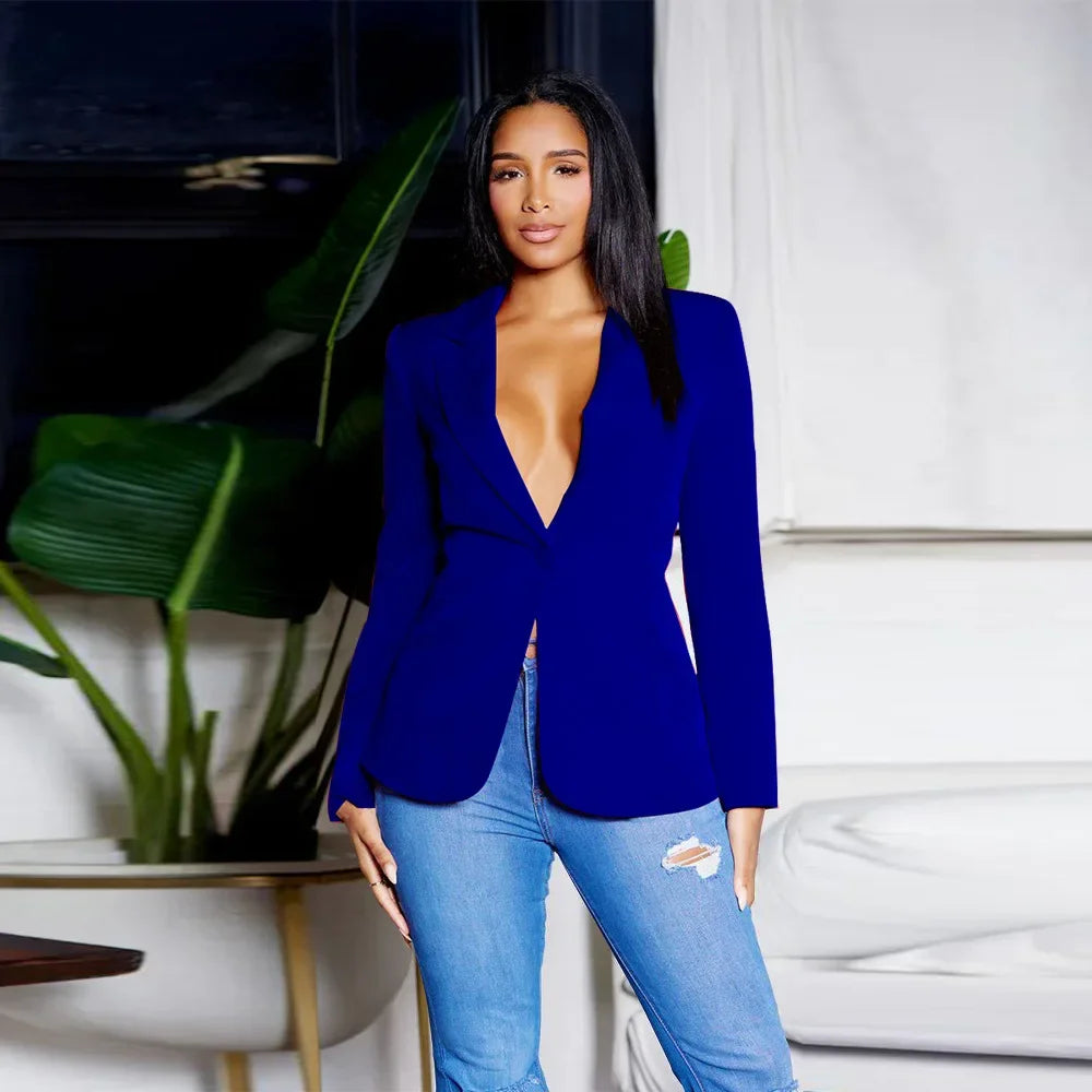 Women Suit Coat Single Button Lapel Deep V Neck Blazer Solid Color Formal Business