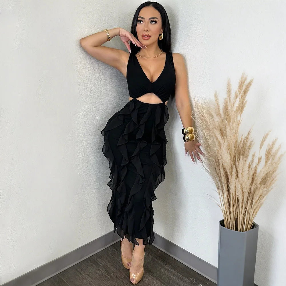 Summer New Sexy Hollow Out Bodycon Long Dress Women Deep V-neck Tassel