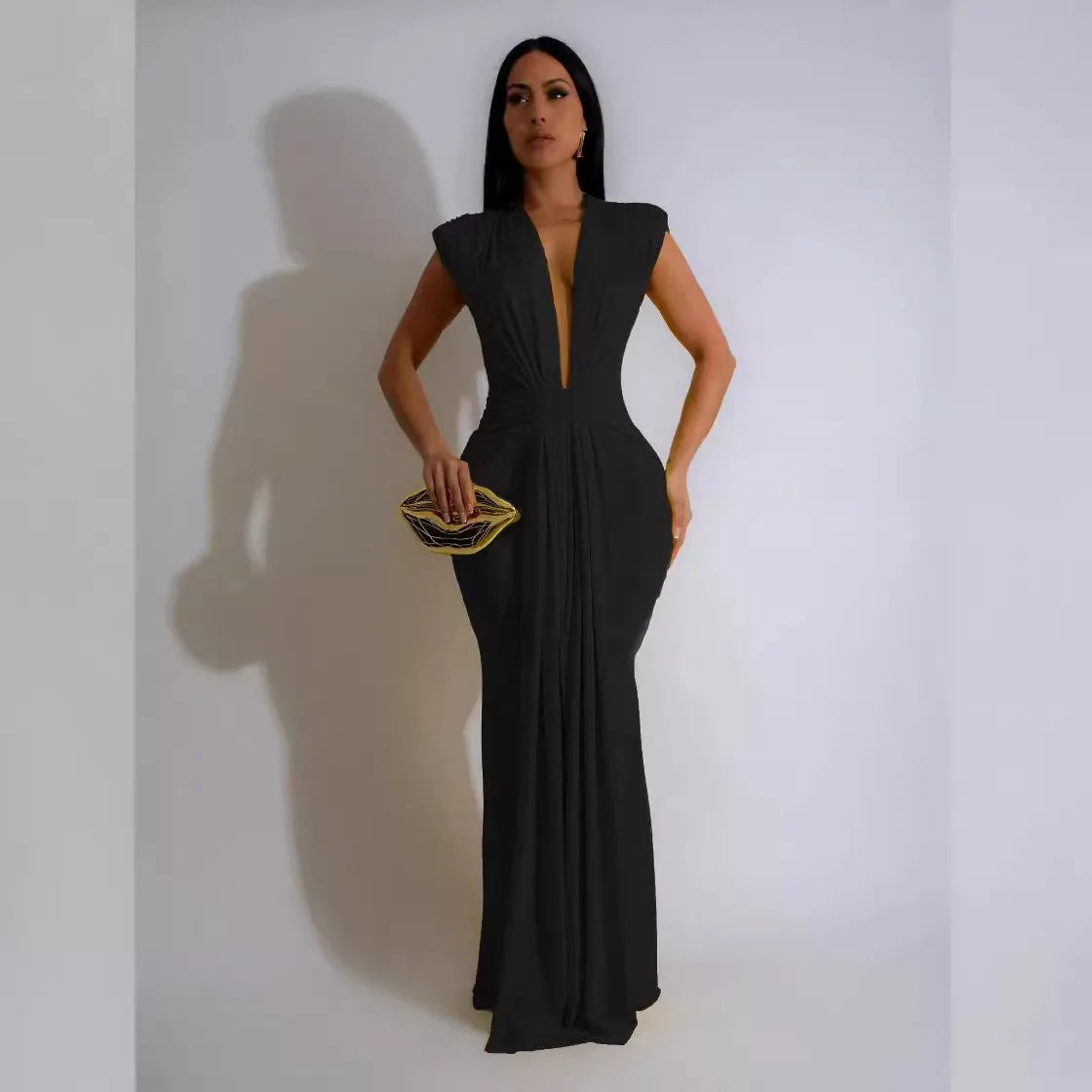 Dress Women Long Dresses Deep V Neck Sleeveless Solid Slim Fit Tight Waist Sexy Elegant