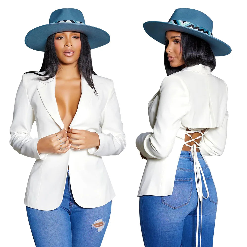 Women Suit Coat Single Button Lapel Deep V Neck Blazer Solid Color Formal Business