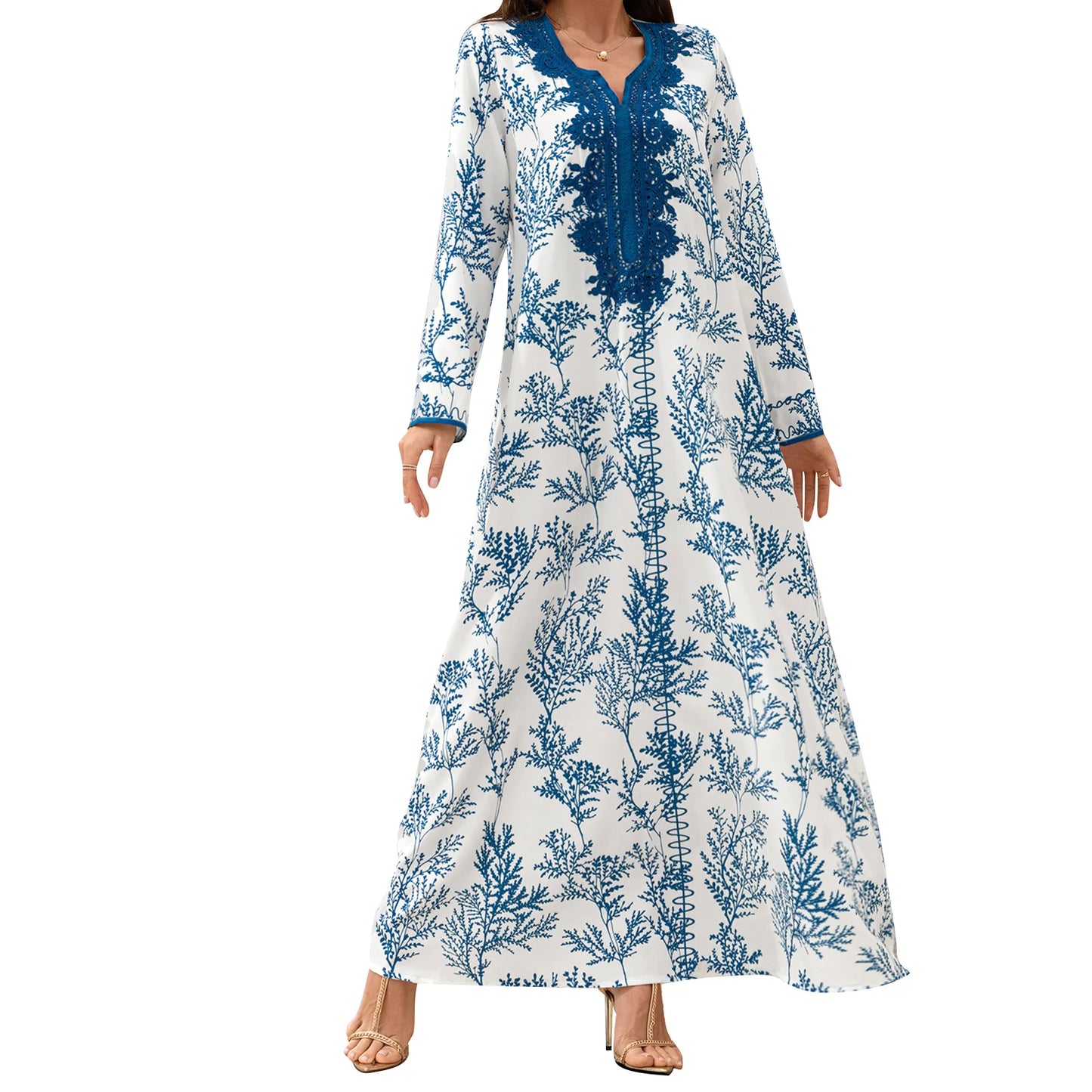 Elegant Floral Print Abaya Dress with Long Sleeves and Flowy Robe for Women Perfect for Prayer and Dubai Jilbab Style