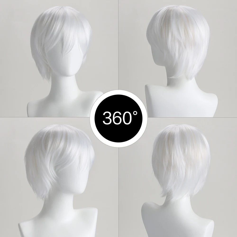 10 Inch Synthetic Wigs Pure White Short Curly Wig Anime Hatter for Cosplay Halloween Costume Party