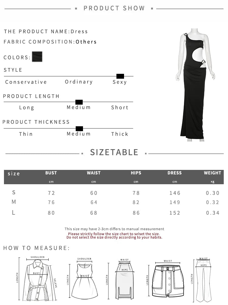 Metal Buckle Dress Hollow Split One Shoulder Skinny Ruched Waistless Midnight Clubwear Maxi Bodycon