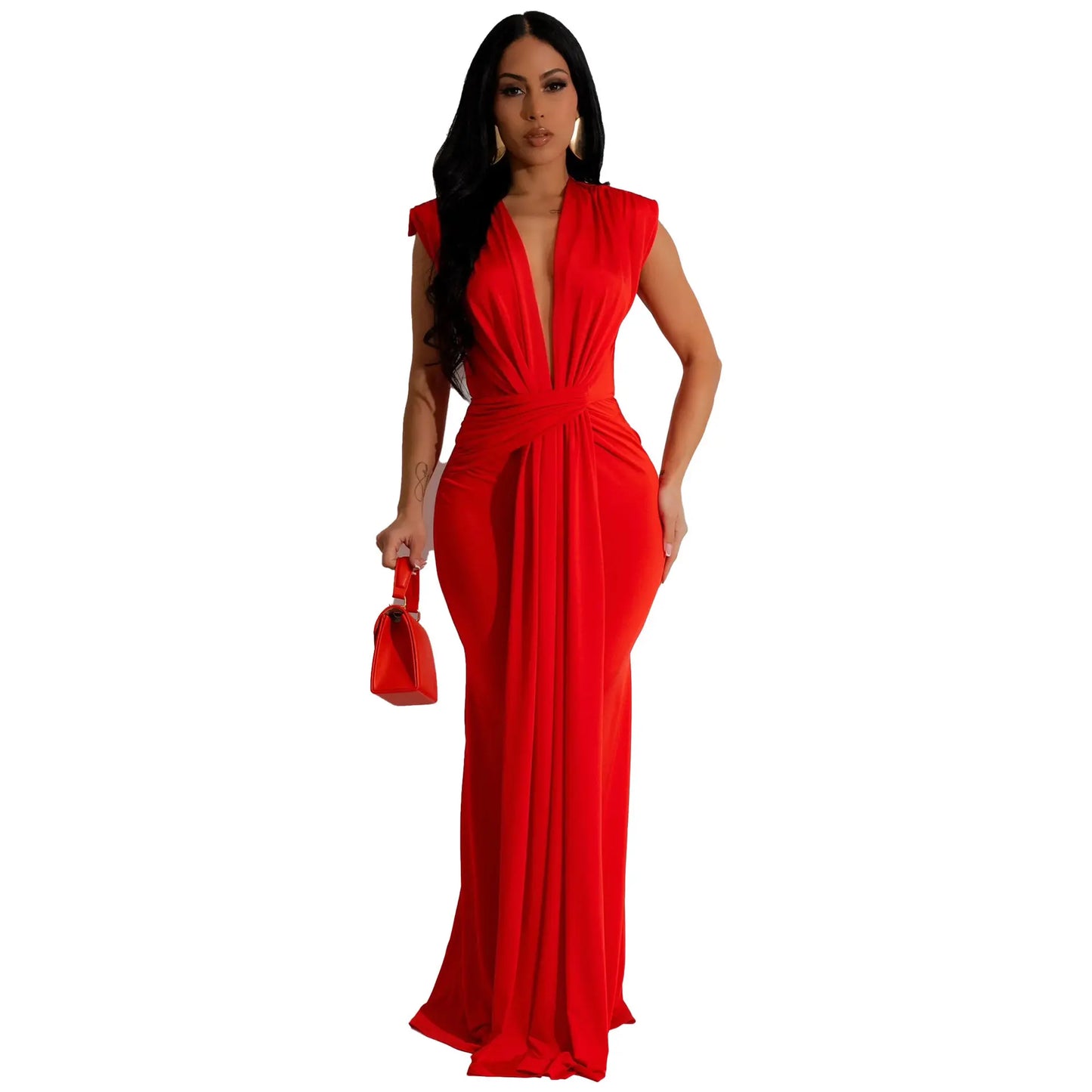 Dress Women Long Dresses Deep V Neck Sleeveless Solid Slim Fit Tight Waist Sexy Elegant
