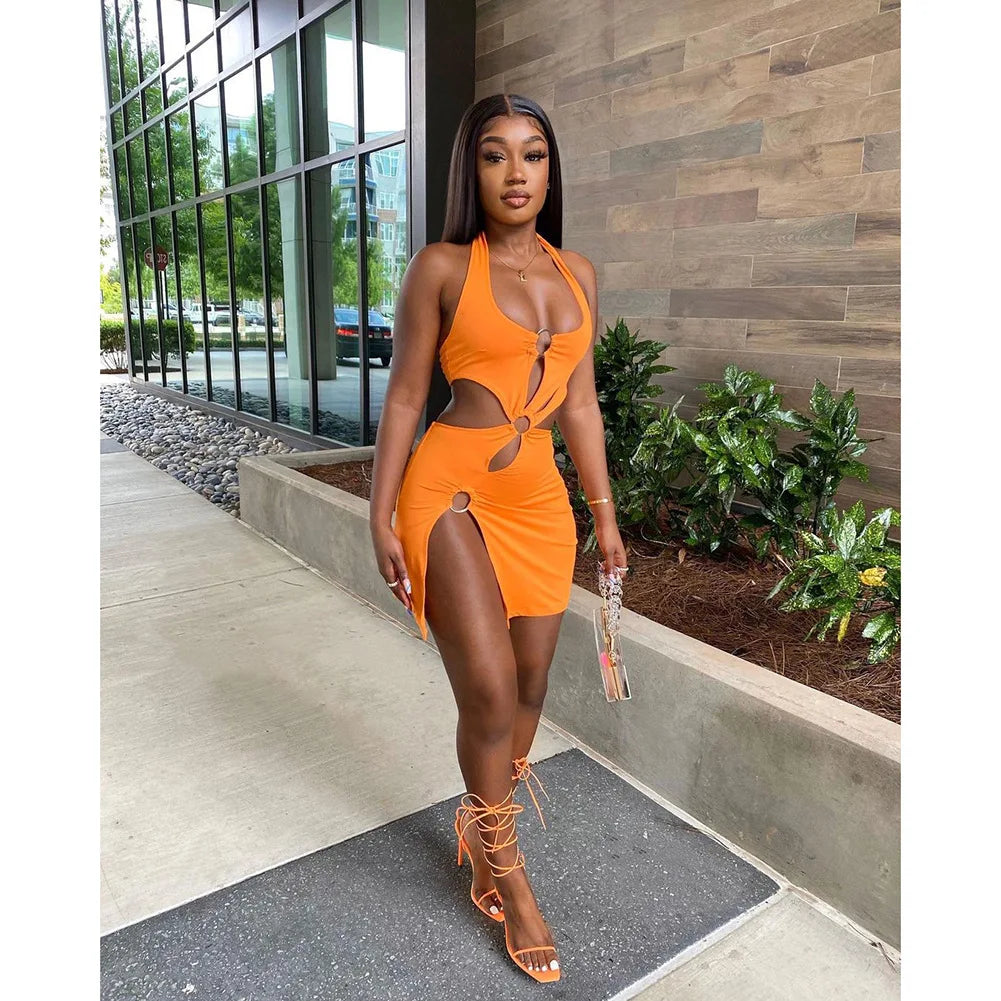 Silk solid color short skirt sexy sleeveless hollow out dress