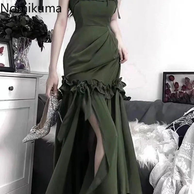 Maxi Dress for Women Summer Tunic Temperament Robe Femme 2025 Vestidos De Mujer Ruffles Bandage Bow Backless Bodycon Dresses