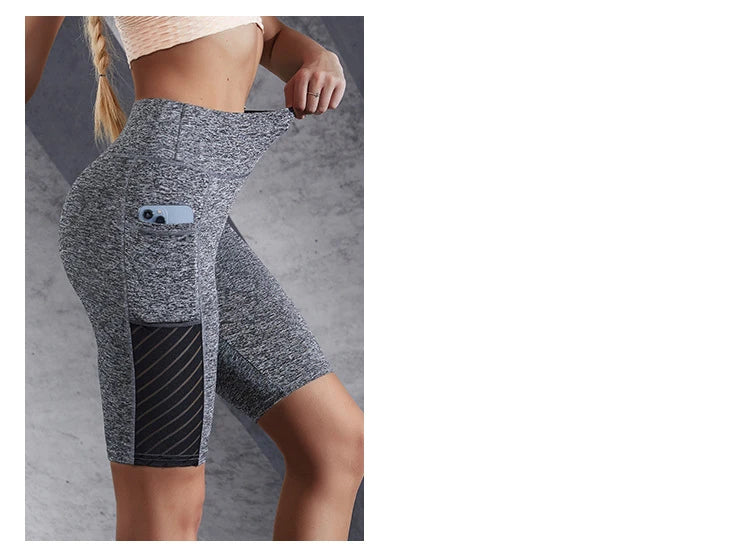 Women Mesh Shorts with Pocket Seamless Slim Leggings Gym Workout Sports Shorts
