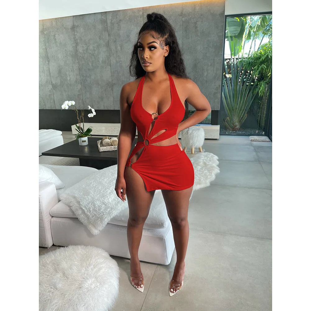 Silk solid color short skirt sexy sleeveless hollow out dress