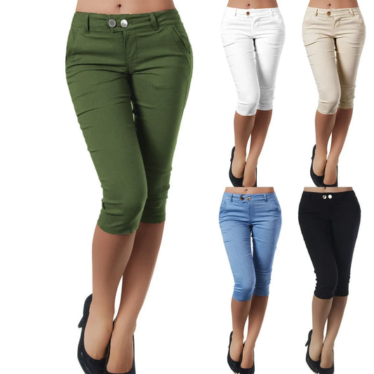 Women's Slim Fit Casual Solid Color Button Pocket Capris for Women