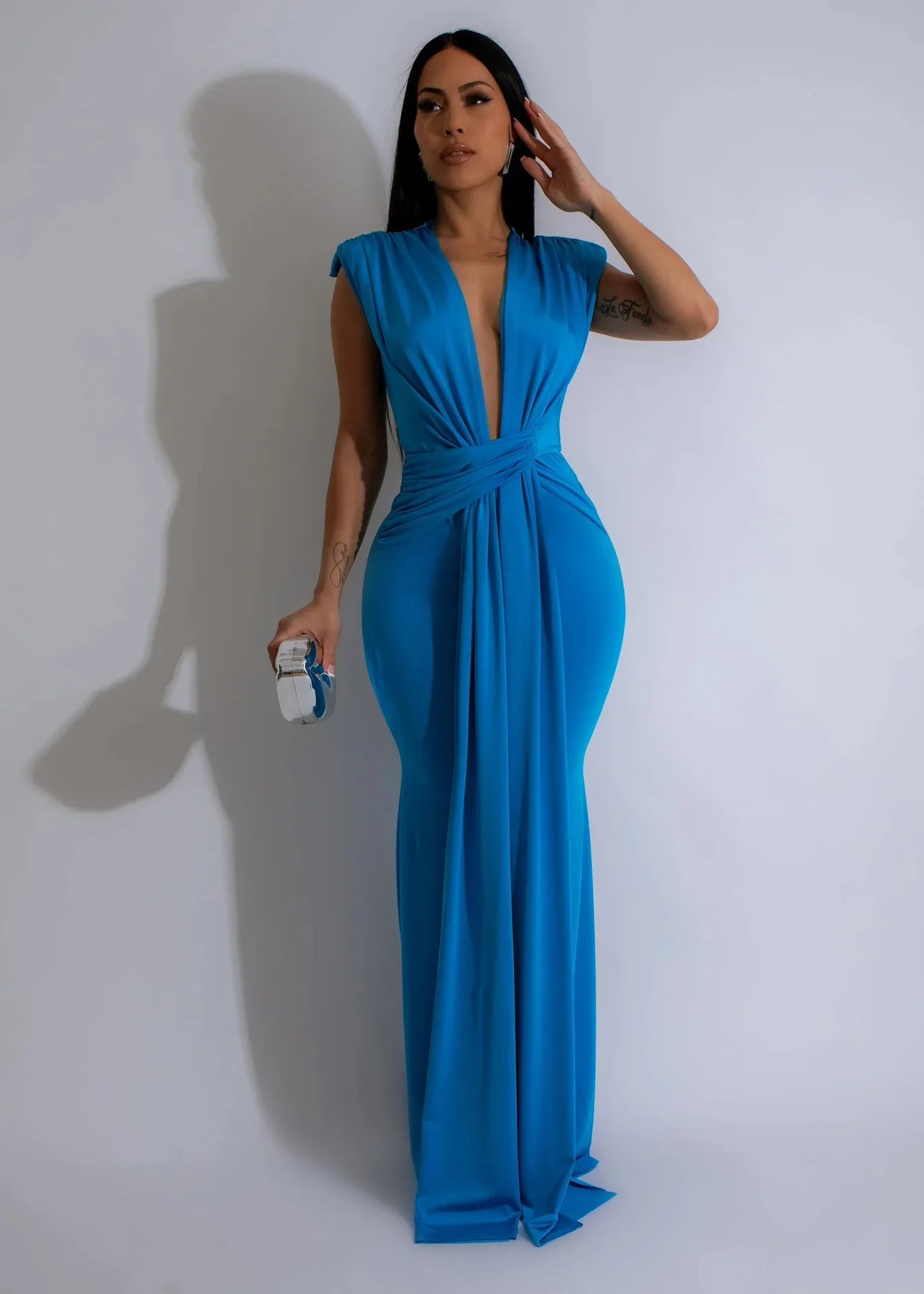Dress Women Long Dresses Deep V Neck Sleeveless Solid Slim Fit Tight Waist Sexy Elegant