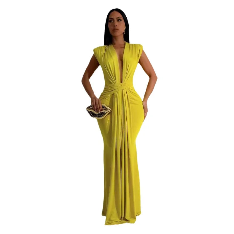 Dress Women Long Dresses Deep V Neck Sleeveless Solid Slim Fit Tight Waist Sexy Elegant