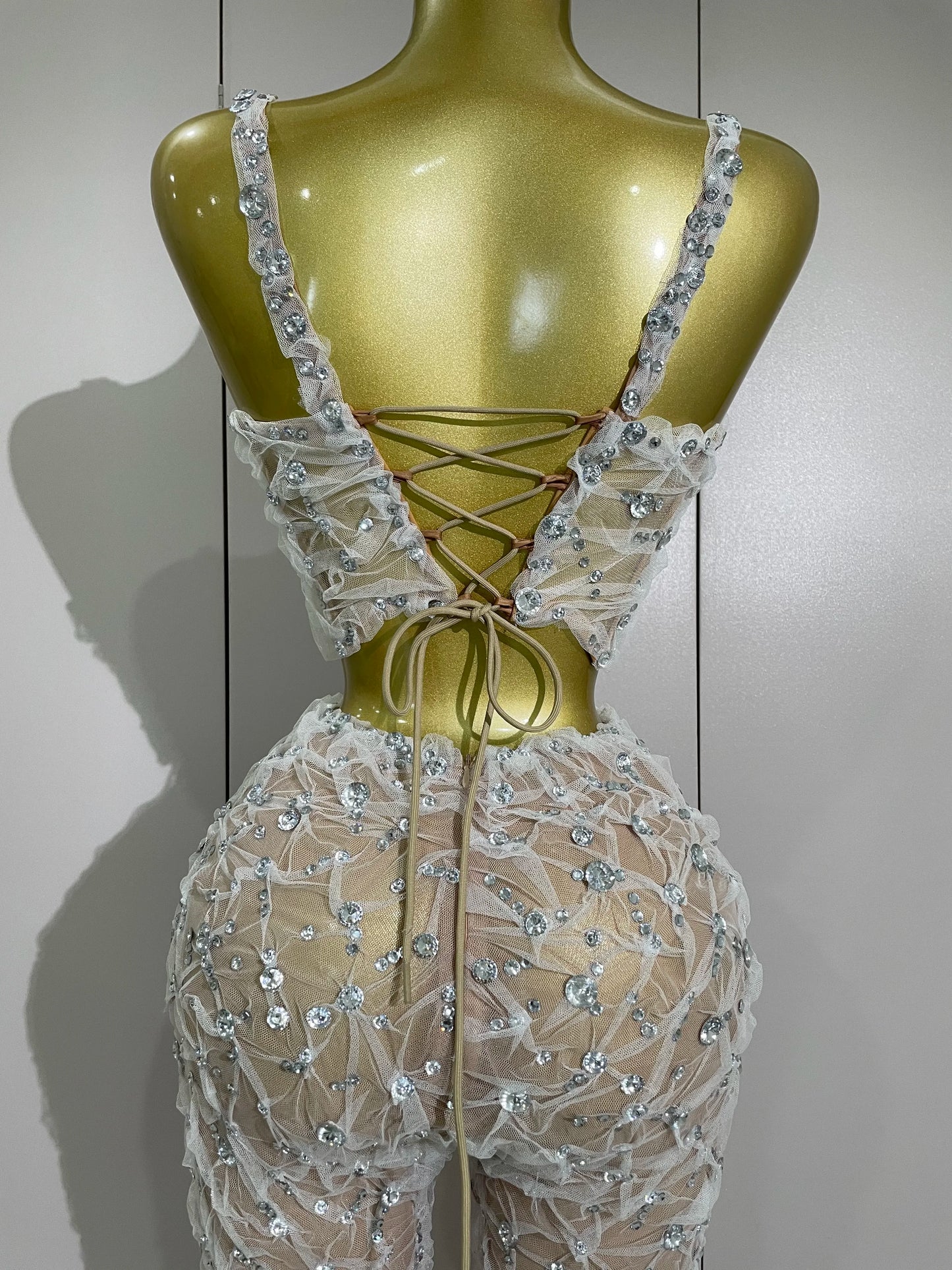 Sexy Sparkly Diamonds Splicing Lace Halter Top+Long Pants Two Piece Set Women Celebrate Birthday Dancer Nightclub Stage Costume