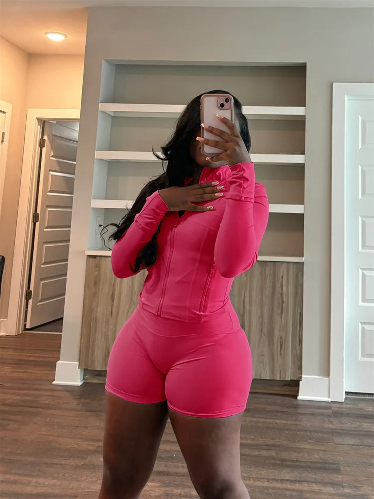 Bodycon Zipper Crop Top Women Tracksuits Sets+Trousers Women Black Gray 2 Two Pieces Matching Leggings Shorts Suits