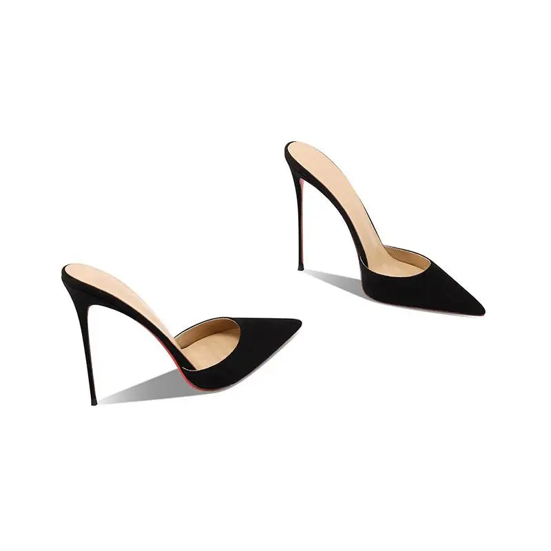 Black suede high-heeled slippers
