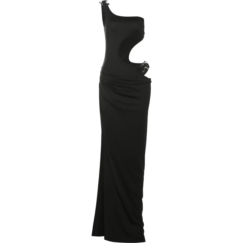 Metal Buckle Dress Hollow Split One Shoulder Skinny Ruched Waistless Midnight Clubwear Maxi Bodycon