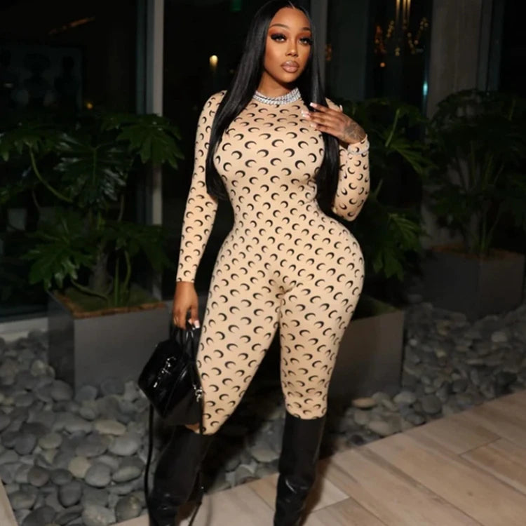 Retro Jumpsuit Women Sexy Slim Fit Moon Print Long Sleeve Tight Leggings Round Neck Versatile Casual Wear Autumn Fashion
