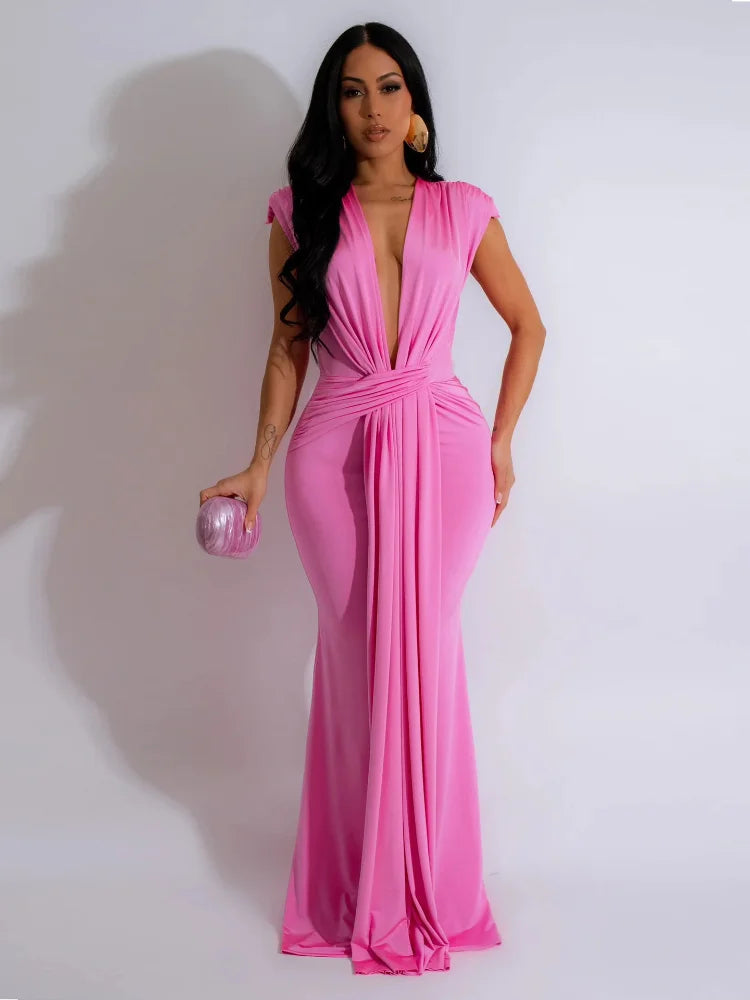 Dress Women Long Dresses Deep V Neck Sleeveless Solid Slim Fit Tight Waist Sexy Elegant