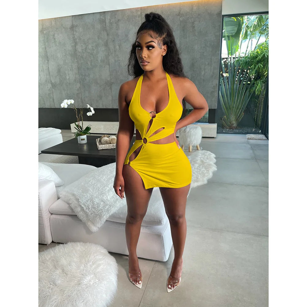 Silk solid color short skirt sexy sleeveless hollow out dress