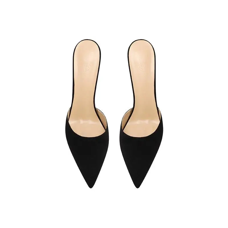 Black suede high-heeled slippers