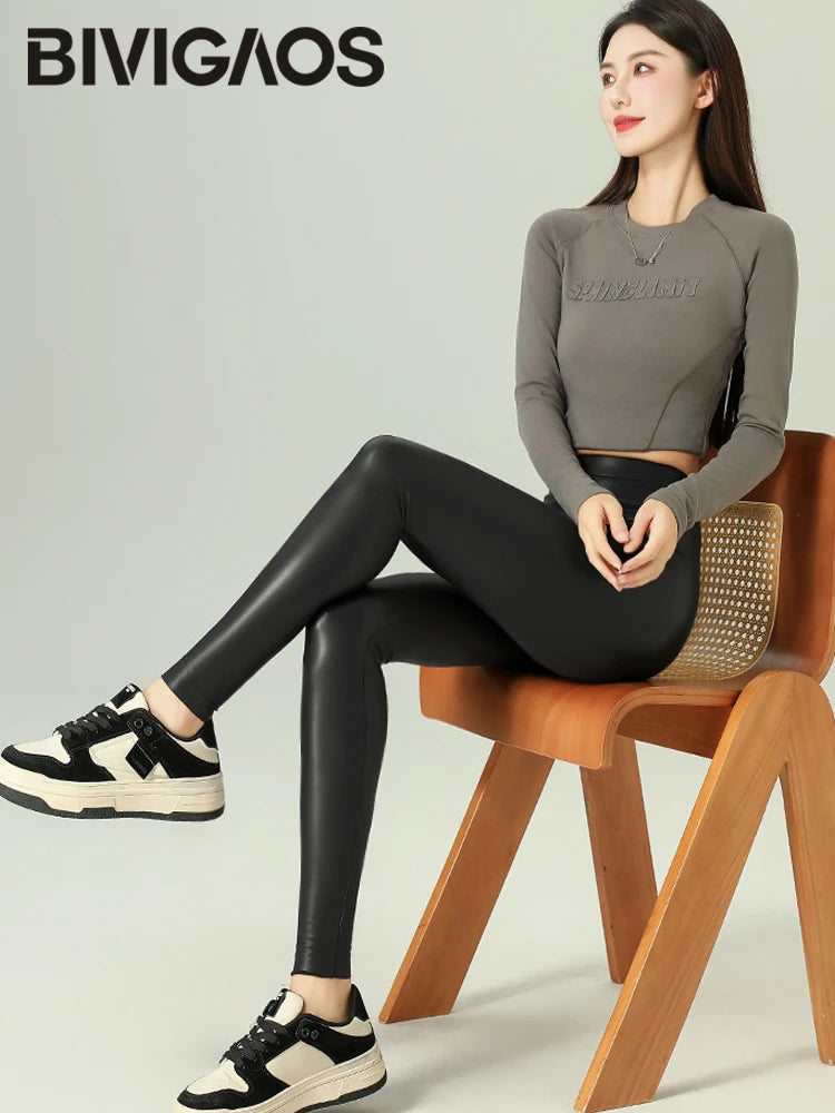 BIVIGAOS 2025 Fall Winter Baby PU Leather Leggings High Waist Elastic Slim Tight Sexy Leather Pants Thin Fleece Warm leggings