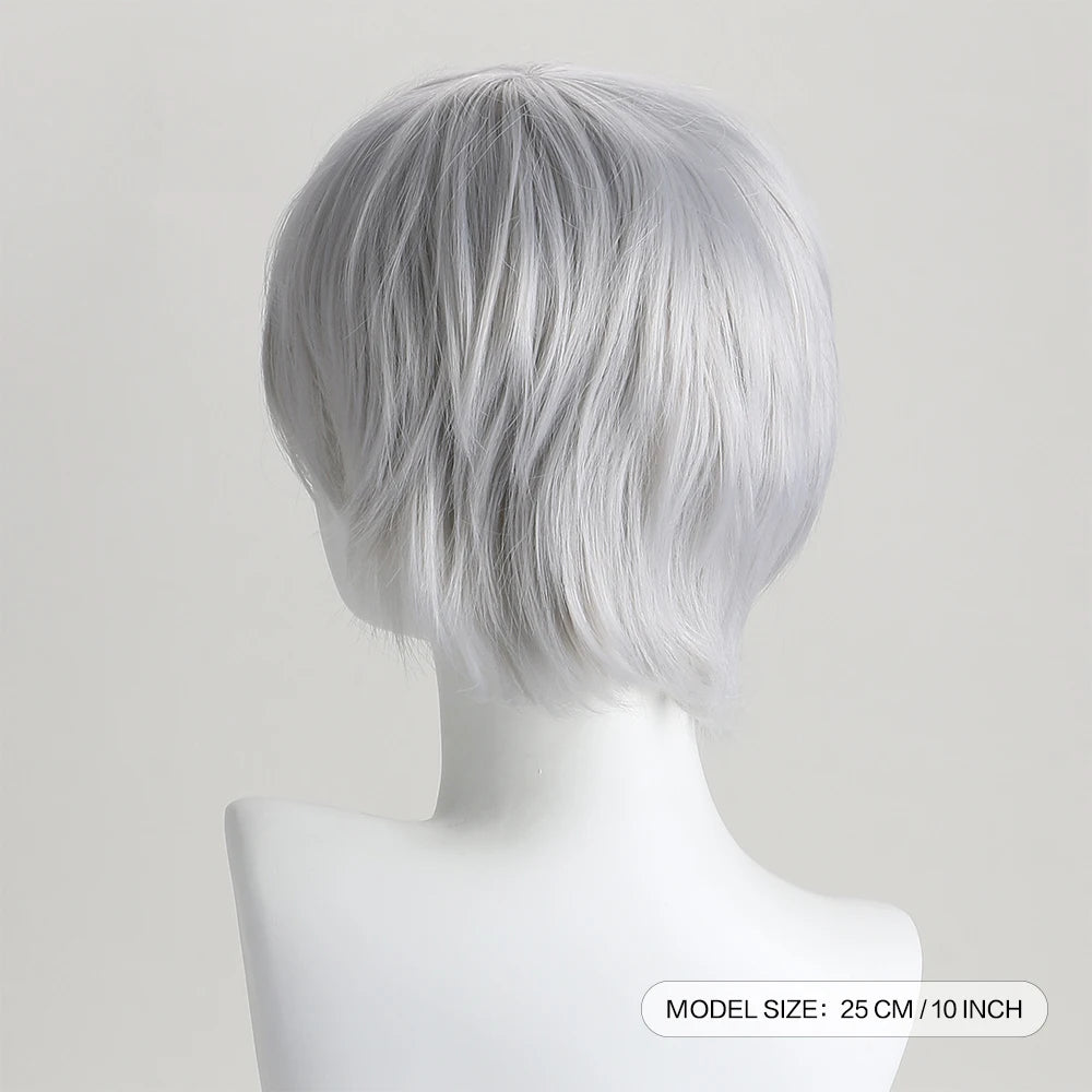 10 Inch Synthetic Wigs Pure White Short Curly Wig Anime Hatter for Cosplay Halloween Costume Party