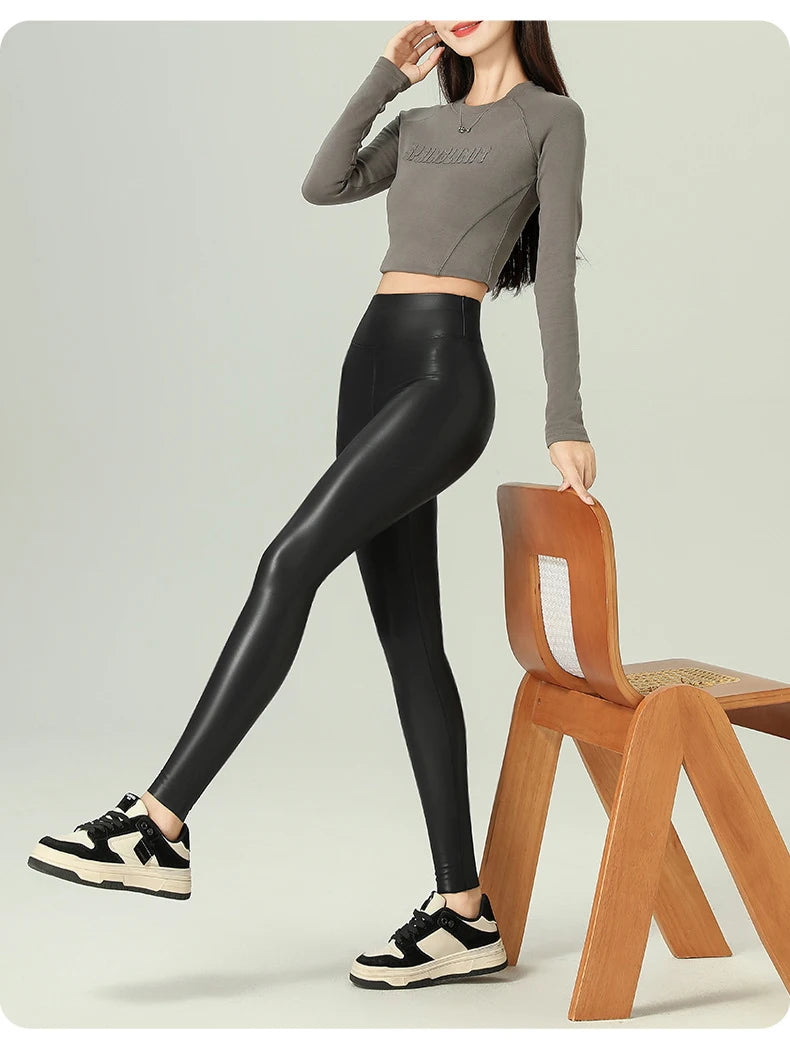 BIVIGAOS 2025 Fall Winter Baby PU Leather Leggings High Waist Elastic Slim Tight Sexy Leather Pants Thin Fleece Warm leggings
