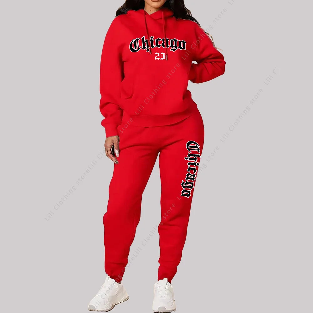 Women's Sets Hoodies Pants 2 Piece Outfits Aesthetic Sportswear Sweatsuit Chicago Graphic Letter Print Plus Size Pink Tracksuit