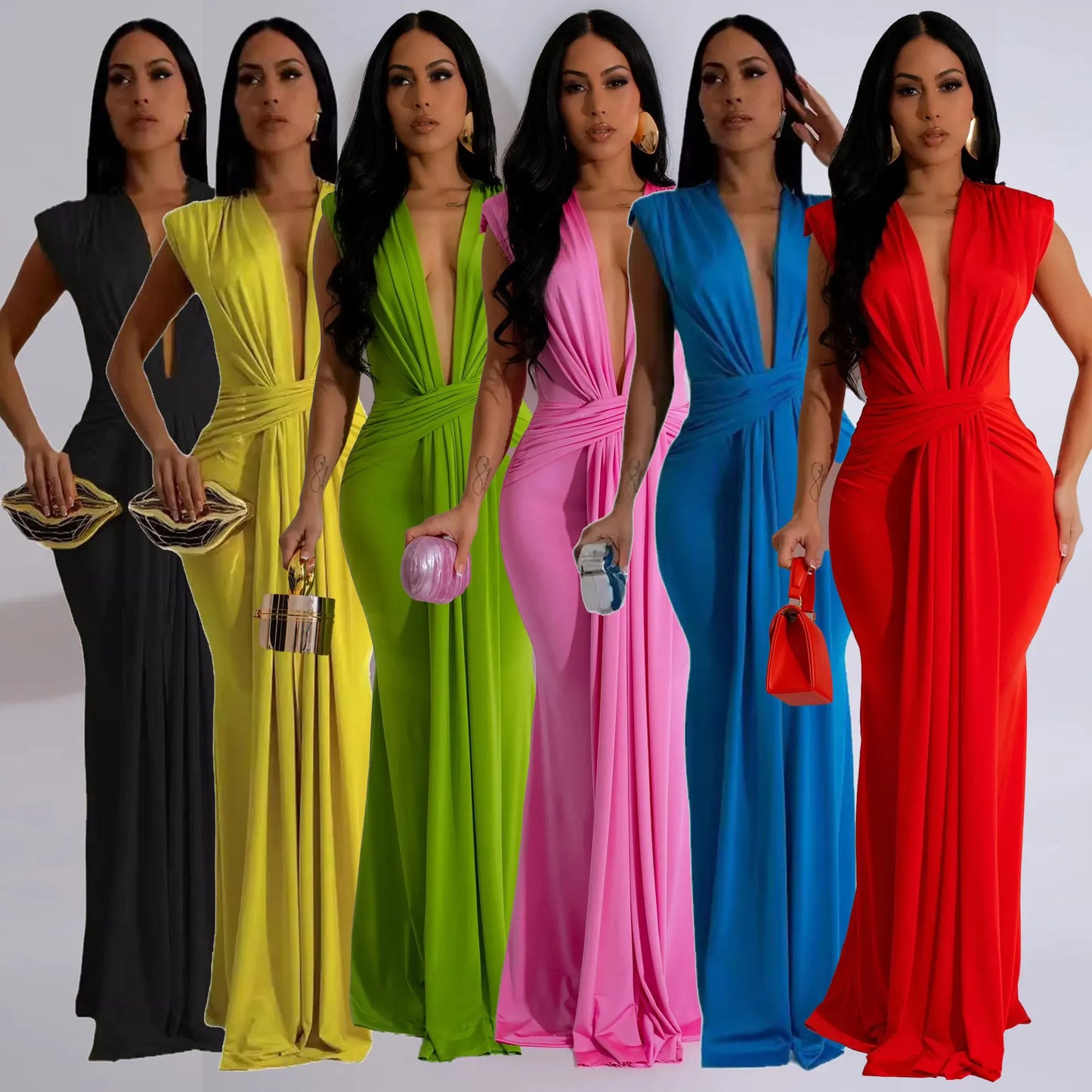 Dress Women Long Dresses Deep V Neck Sleeveless Solid Slim Fit Tight Waist Sexy Elegant
