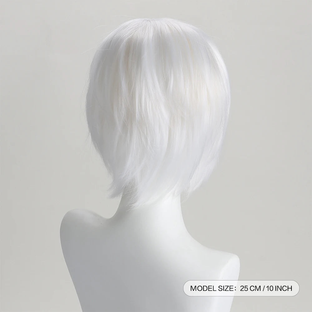 10 Inch Synthetic Wigs Pure White Short Curly Wig Anime Hatter for Cosplay Halloween Costume Party