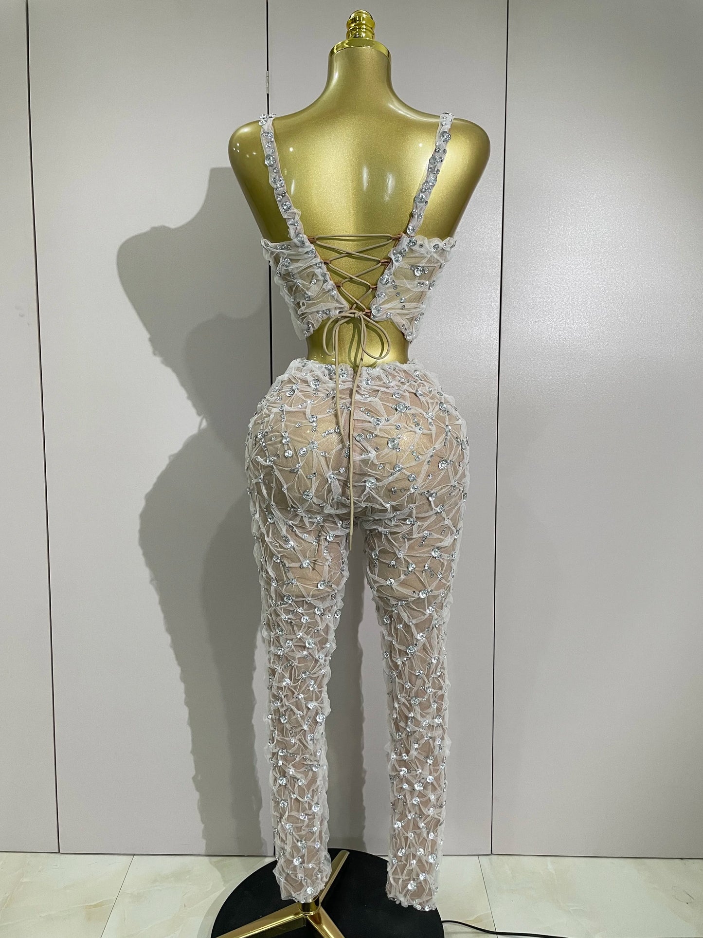 Sexy Sparkly Diamonds Splicing Lace Halter Top+Long Pants Two Piece Set Women Celebrate Birthday Dancer Nightclub Stage Costume