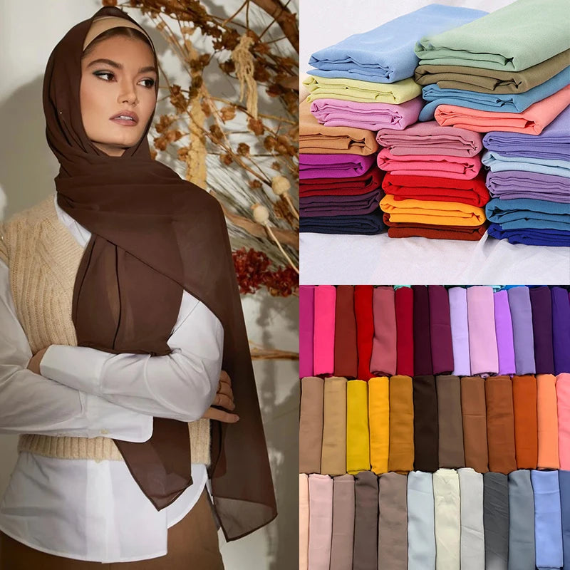 Fashion Pearl Chiffon Hijab Shawls of Muslim Women Solid Color Head Wraps Scarf
