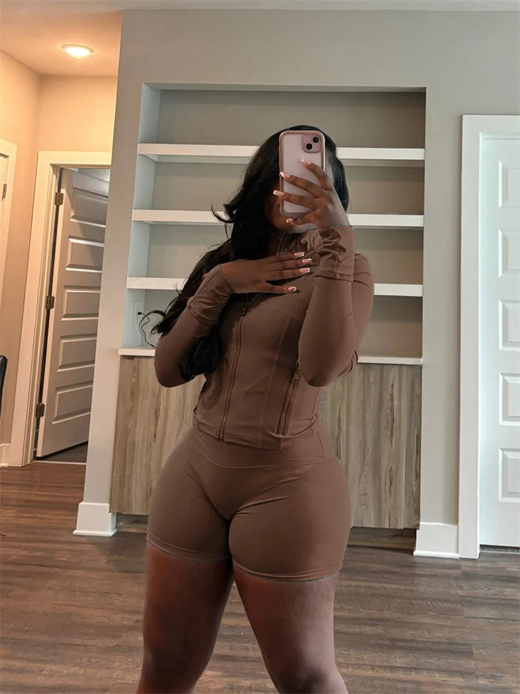 Bodycon Zipper Crop Top Women Tracksuits Sets+Trousers Women Black Gray 2 Two Pieces Matching Leggings Shorts Suits